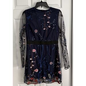 Navy Blue Floral Embroidered Long Sleeve Dress Womens Size Large Botanical